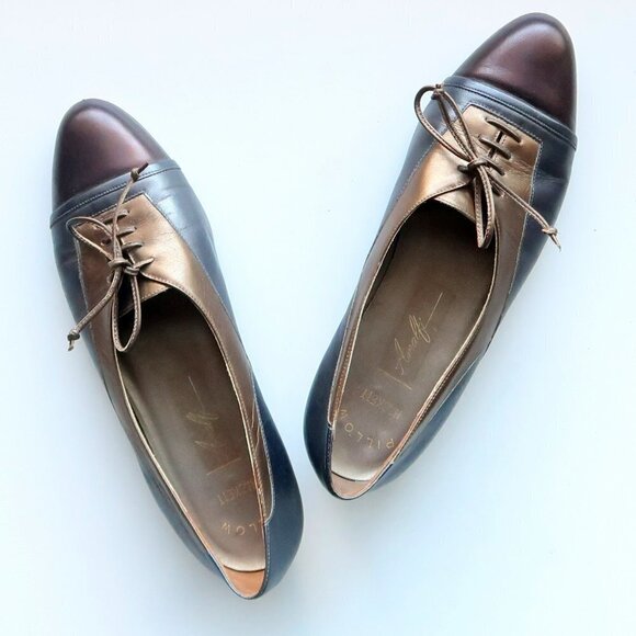 Amalfi Bronze & Grey Leather Cap Toe Low Wedge Heel Lace-up Shoes Size 7 - Picture 13 of 16